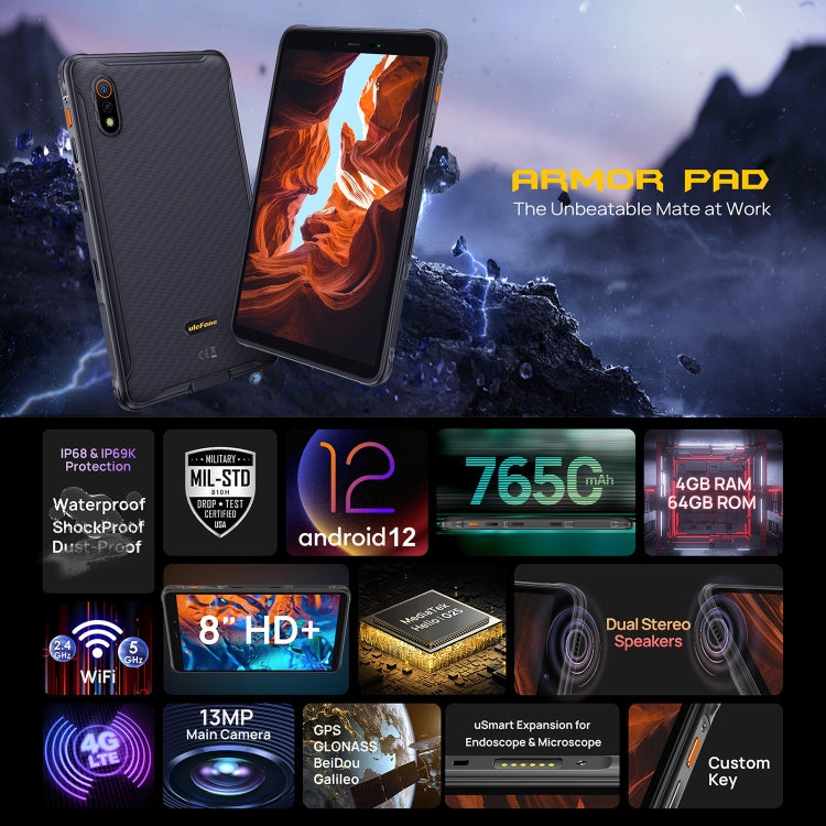 [HK Warehouse] Ulefone Armor Pad Rugged Tablet PC, 8.0 inch, 4GB+64GB, IP68 Waterproof Shockproof Dustproof, Android 12 MediaTek Helio G25 Octa Core, Support uSmart Expansion, Network: 4G, EU Plug (Black) - Other by Ulefone | Online Shopping South Africa | PMC Jewellery