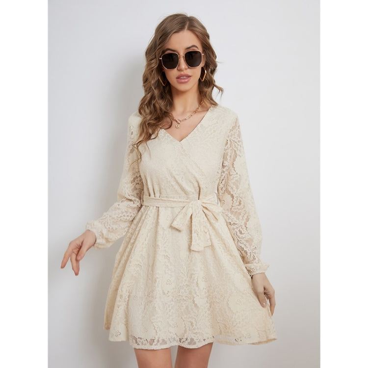 Lacing Lace Elegant Long Sleeve Dress For Ladies (Color:Apricot Size:S) - Dress by PMC Jewellery | Online Shopping South Africa | PMC Jewellery