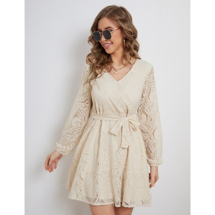 Lacing Lace Elegant Long Sleeve Dress For Ladies (Color:Apricot Size:S) - Dress by PMC Jewellery | Online Shopping South Africa | PMC Jewellery