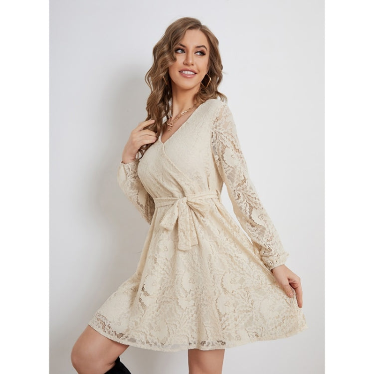 Lacing Lace Elegant Long Sleeve Dress For Ladies (Color:Apricot Size:S) - Dress by PMC Jewellery | Online Shopping South Africa | PMC Jewellery