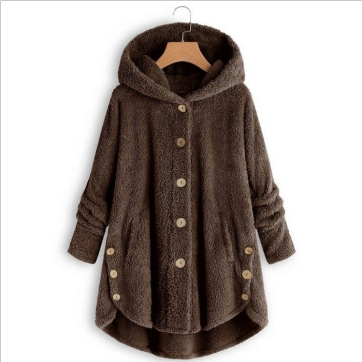 Button Plush Irregular Solid Color Coat (Color:Coffee Size:XL) - Hoodie by PMC Jewellery | Online Shopping South Africa | PMC Jewellery