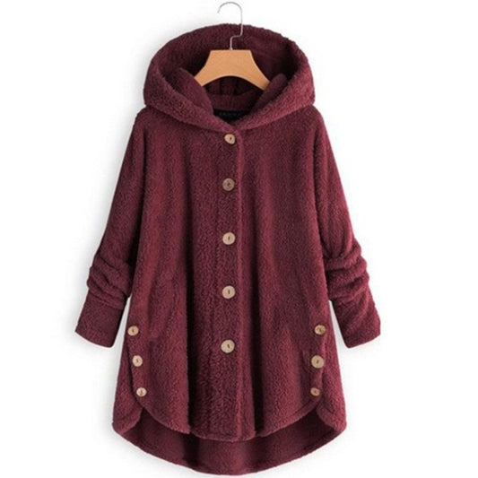 Button Plush Irregular Solid Color Coat (Color:Wine Red Size:L) - Hoodie by PMC Jewellery | Online Shopping South Africa | PMC Jewellery