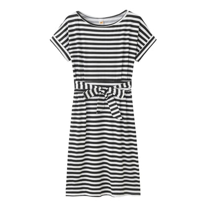 Slim-fit Waist Slimming Round Neck Striped Belt Dress (Color:Pinstripe Black Size:XXXL) - Dress by PMC Jewellery | Online Shopping South Africa | PMC Jewellery